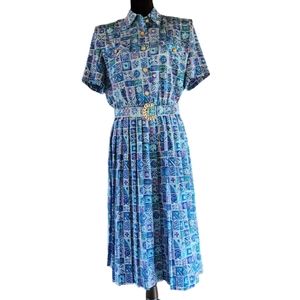 Vintage 80s Leslie Fay Blue Polyester Geometric Floral Dress